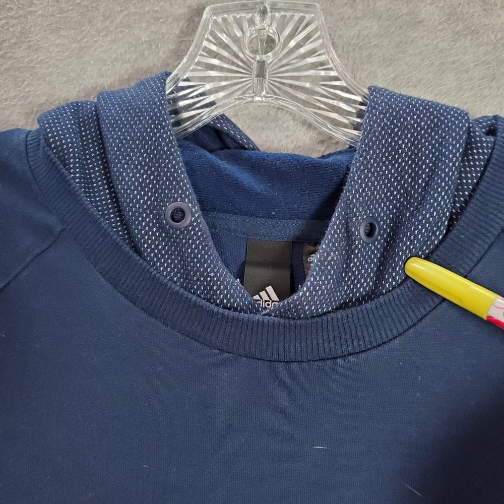 Adidas Men Sweatshirt 2XL Blue Hoodie Logo Zip Pocket 3 Stripe Pullover READ - Picture 4 of 10